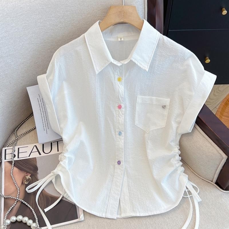 Dahong  99177 เสื้อเชิ้ตลายทางแขนสั้นสำหรับผู้หญิง  oversize มีเชือกรูดเอวด้านข้าง เสื้อแฟชั่นสีทึบเหมาะกับทุกไลฟ์สไตล์ ราคา ถูกที่สุด ดีลบีเคเค แกลเลอรีภาพที่ 7