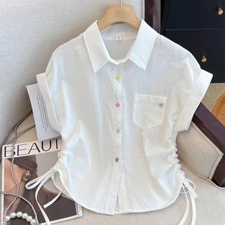 Dahong 💖99177 เสื้อเชิ้ตลายทางแขนสั้นสำหรับผู้หญิง oversize มีเชือกรูดเอวด้านข้าง เสื้อแฟชั่นสีทึบเหมาะกับทุกไลฟ์สไตล์