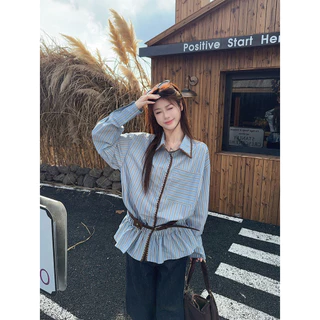 ฤดูใบไม้ร่วงใหม่ของผู้หญิงย้อนยุคสไตล์เกาหลีสีฟ้าแขนยาวลายเสื้อเชิ้ต