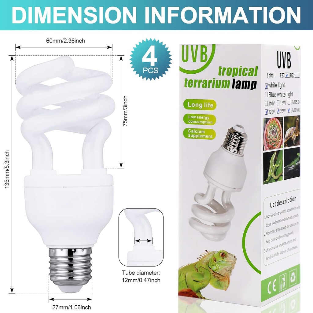 4 ชิ้น UVB สัตว์เลื้อยคลาน 10.0, สัตว์เลื้อยคลาน UVB หลอดไฟ UVB สําหรับ Desert Tropical/Sub Tropical