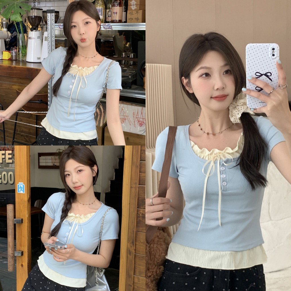 💖Bonnie💖เสื้อยืดไหมพรม แขนสั้น คอกลม ผ้านุ่ม เสื้อสองชิ้นปลอม เข้ารูป ครอป ดีเทลแต่งสองชั้น สไตล์เกาหลี น่ารัก#E332