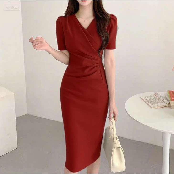 เดรสสีแดง กระโปรงยาว ชุดราตรี ออกงาน แฟชั่น สาวอวบ น่ารัก เดรสไปทะเล งานแต่ง 3XL