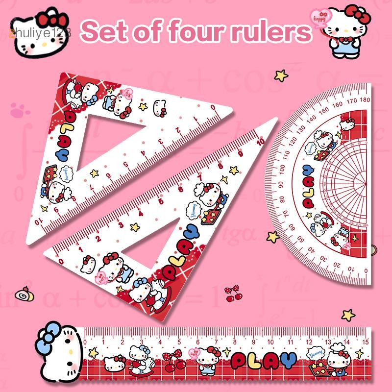 <zhuliye123> 4 ชิ้น Kawaii การ์ตูน KT แมวอะคริลิคไม้บรรทัดชุดสามเหลี่ยมไม้บรรทัด Straightedge ไม้โปร