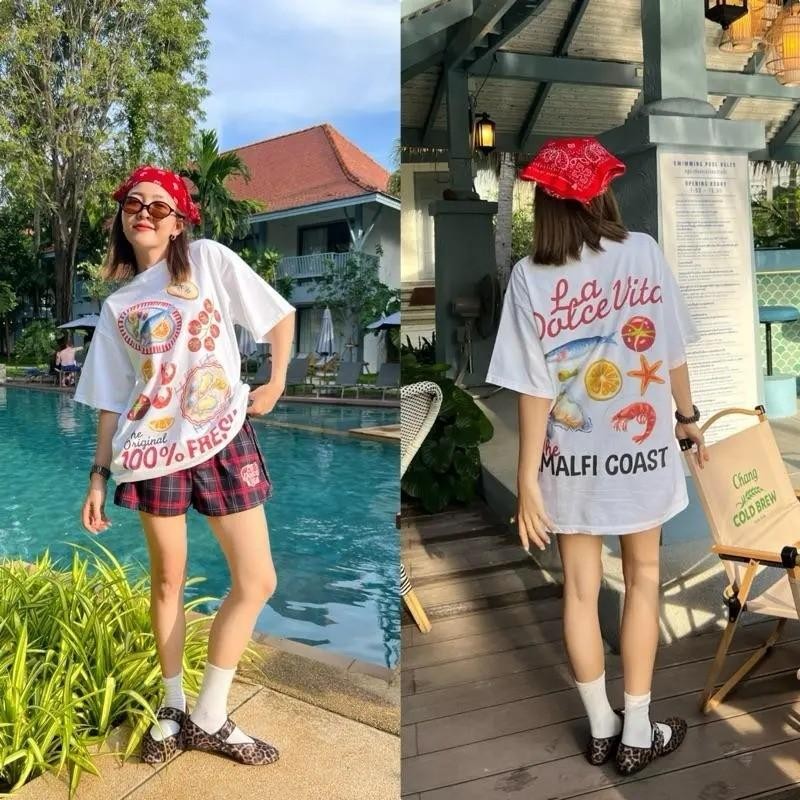 (จัดส่งตลอด 24 ชั่วโมง)พร้อมส่ง เสื้อยืด Oversize เสื้อยืดแขนสั้น สีขาว ลายผลไม้ อาหารทะเล สไตล์วินเทจ A453