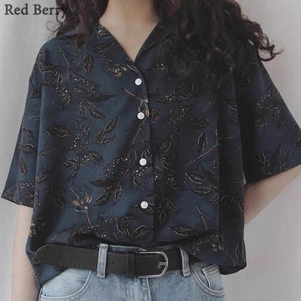Red Berryเสื้อเชิ้ตผู้หญิงสไตล์ฮ่องกงพิมพ์ย้อนยุคหลวม 2025 ฤดูใบไม้ผลิและฤดูใบไม้ร่วงใหม่บางด้านบนเฉพาะW359