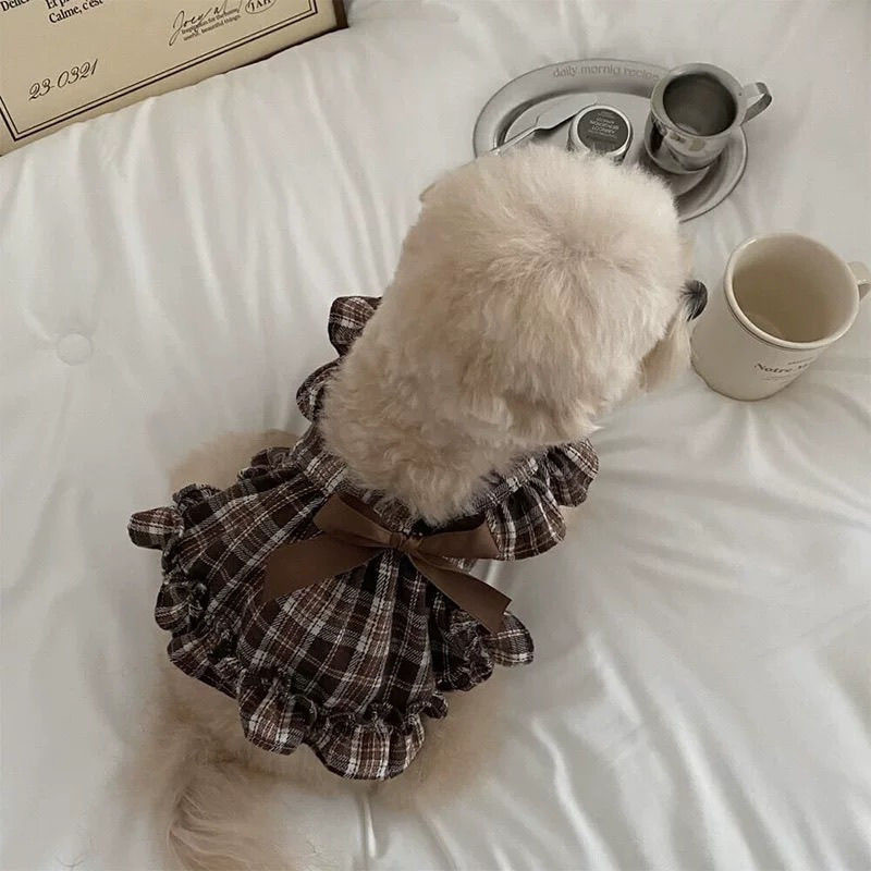 เสื้อผ้าสุนัขเจ้าหญิงลายสก๊อตโบว์กระโปรง Retro Teddy Bichon เสื้อผ้าสุนัขขนาดเล็กขนาดกลาง ins ราคา ถูกที่สุด ดีลบีเคเค แกลเลอรีภาพที่ 3