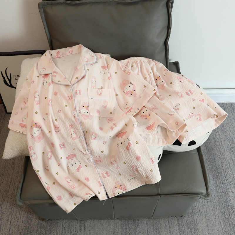 Cloud ชุดนอนผ้าฝ้ายผู้หญิงแขนสั้นน่ารักสีชมพู KT Cat แขนสั้นการ์ตูนน่ารักหอพักนักเรียน Homewear ชุด 