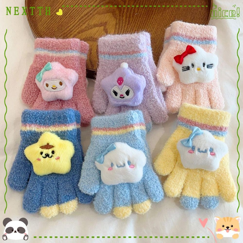 NEXTTH ถุงมือถัก, Plush Cold-proof Sanrio ถุงมือ, น่ารัก Kuromi Melody การ์ตูนฤดูหนาว Warm เด็ก Mittens สําหรับเด็กคริสต์มาสของขวัญ