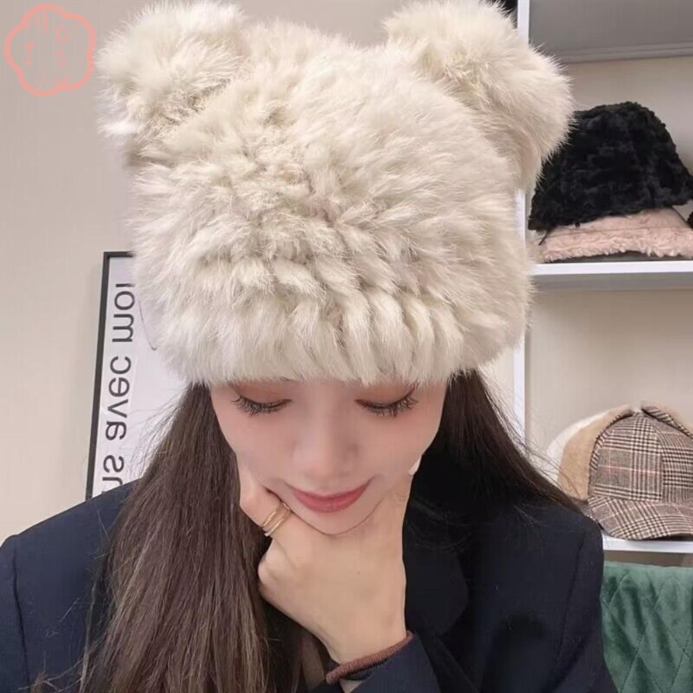 MIOSHOP Wrap Head Cap, Bear Ears Rabbit Fur Winter Hat, Black Plush Fluffy Fur Hat Universal