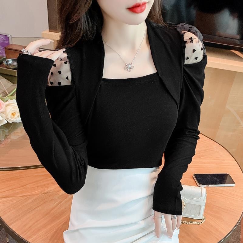 mimi&didi#เสื้อยืดคอเหลี่ยม เปิดไหล่ เย็บปะติดปะต่อกันตาข่าย แขนยาว สำหรับผู้หญิง อกยางยืด ดีไซน์ผ้าถัก#99209