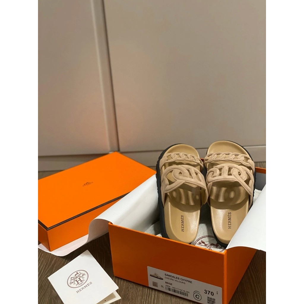 Hermes Hermes Extra Double Layer Pig Nose Goat Leather Suede Sandals รองเท้าแตะ