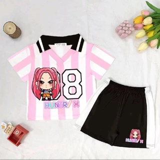PINKชุดเซ็ทเด็กกีฬาคอปก ขาสั้น ลายสุดฮิต เนื้อผ้าใส่สบาย ระบายอากาศดี