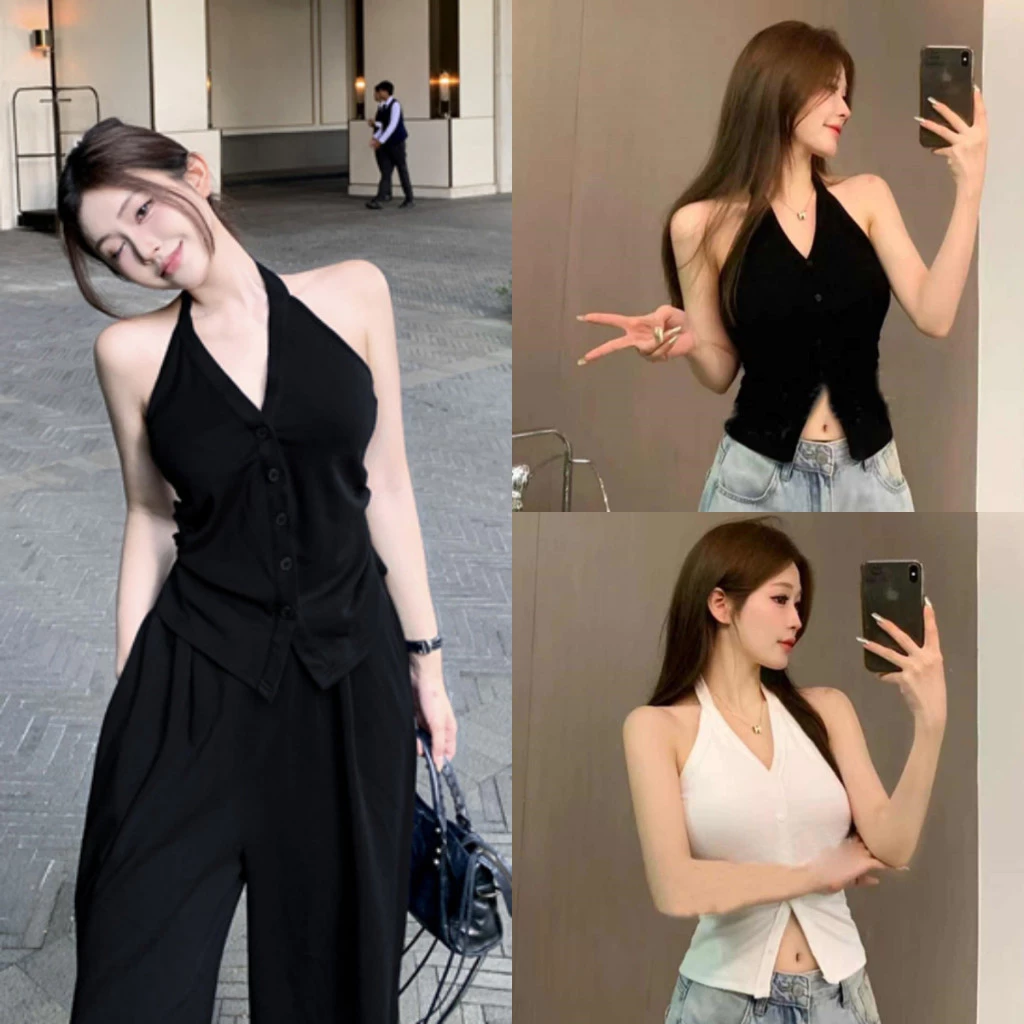 Bella Shop เสื้อกั๊กคอวีสีทึบเซ็กซี่ผู้หญิงฤดูร้อนสลิมฟิตสั้นทุกการแข่งขันด้านบน