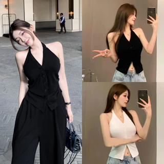 Bella Shop เสื้อกั๊กคอวีสีทึบเซ็กซี่ผู้หญิงฤดูร้อนสลิมฟิตสั้นทุกการแข่งขันด้านบน