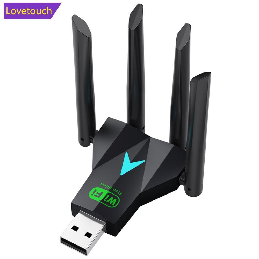 LOVETOUCH ไดร์เวอร์ฟรี 1300Mbps อะแดปเตอร์ USB WiFi 2.4G/5Ghz Dual Band Wi-Fi 4 เสาอากาศตัวรับสัญญาณ