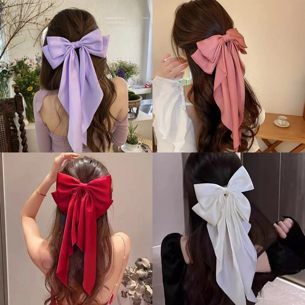 กิ๊บติดผม โบว์ การออกแบบริบบิ้น สีพื้น วัสดุผ้าซาติน ins ย้อนยุค แฟชั่น มีหลายสีให้เลือก