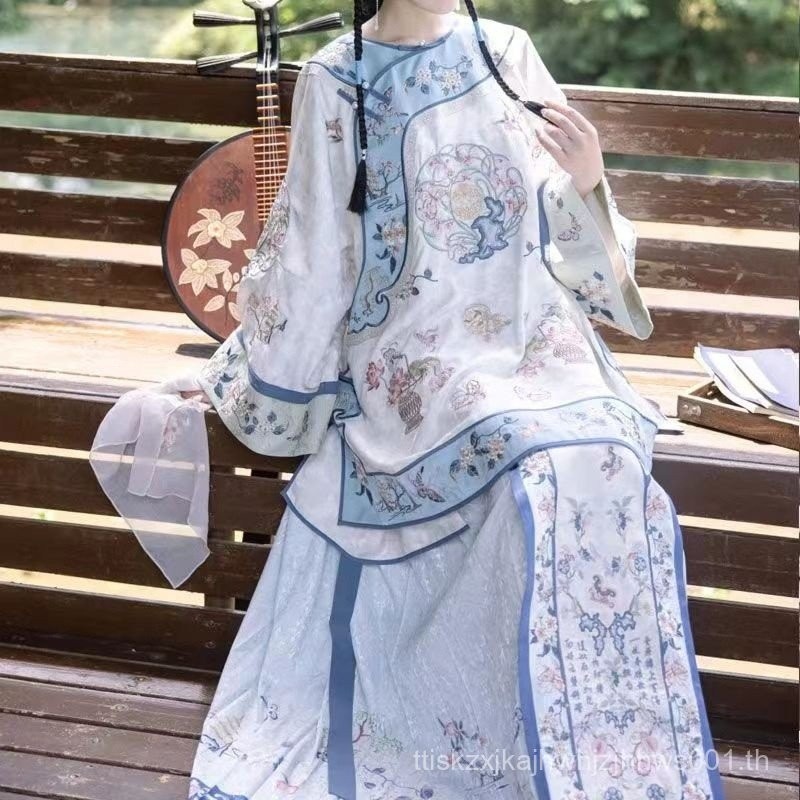 B7K Han Elements Hanfu Commuter Tang Suit Inverted Large Sleeve Round Neck Shirt Top Adult Long Styl