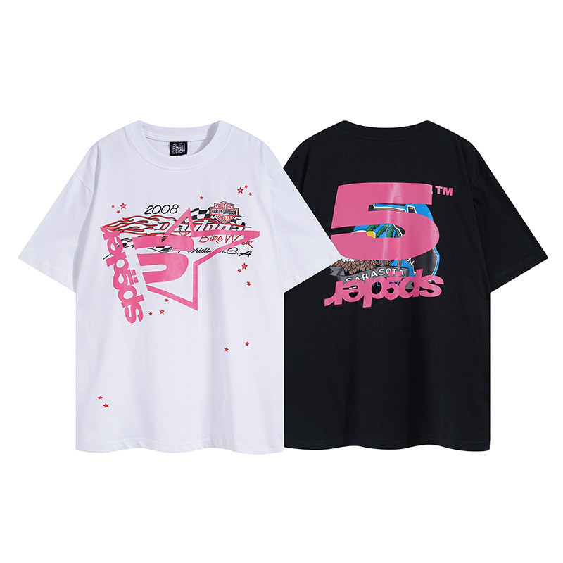 2024Sp5der Letter Spider Web 555 พิมพ์สบายๆรอบคอ Micro-Elastic เสื้อยืดผู้ชายผู้หญิง