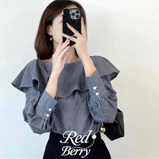 Red Berryเสื้อเชิ้ตแขนยาวลายทางฤดูใบไม้ร่วงใหม่สำหรับผู้หญิงปี 2025 เสื้อเชิ้ตแขนยาวเอวบาง99106