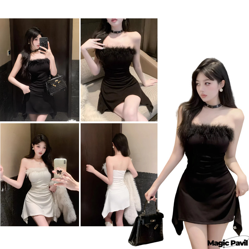 【Magic】พร้อมส่ง | ชุดเดรส เซ็กซี่และทันสมัย มินิเดรว แต่งขนมุ้งมิ้งที่อก ปลายปล่อยสีพื้น FY2768