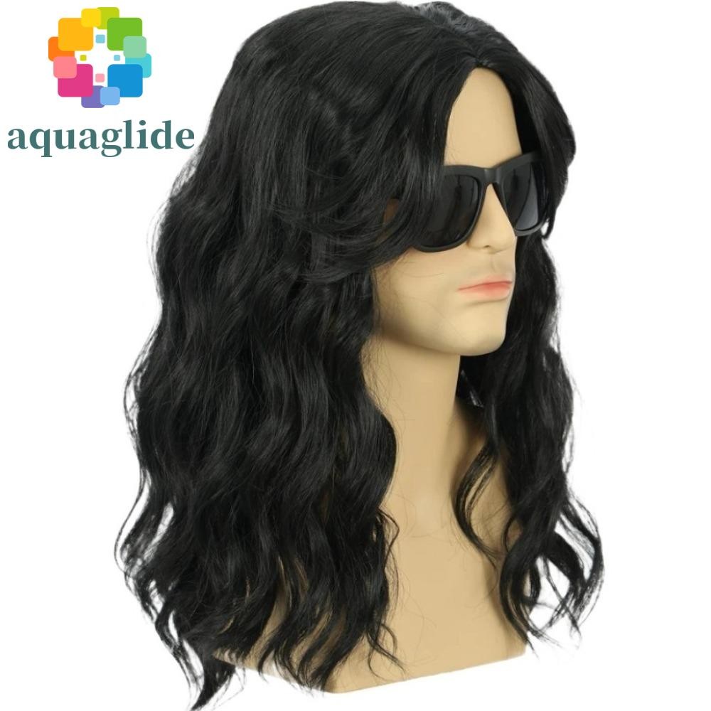 AQUAGLIDE วิกผมสังเคราะห์สีดำ ขนาดเต็มศีรษะ สำหรับคอสเพลย์ ฮาโลวีน และปาร์ตี้ สไตล์เรโทรฮิปปี้ 70s 80s