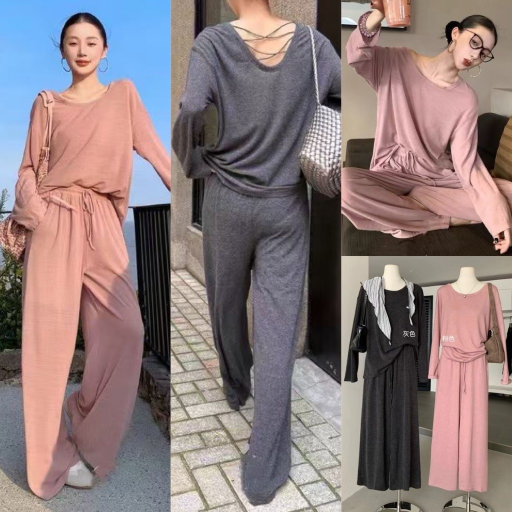 Y1223 เซ็ท 2 ชิ้น เสื้อแขนยาว คอกลมกว้าง ด้านหลังแต่งเชือกไขว่ ผ้าแฟชั่นเกาหลี TAG WG.WE