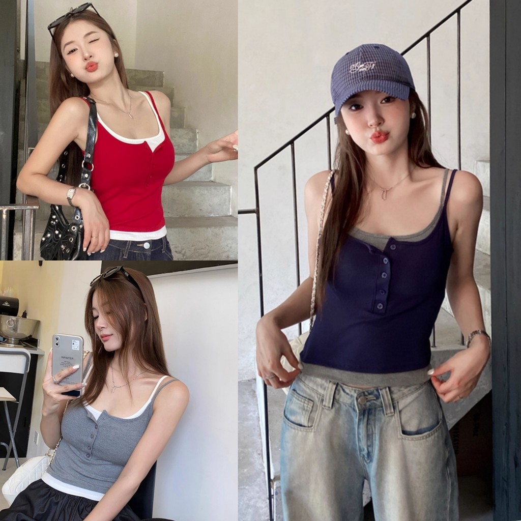 🍊Evelyn🍊เสื้อสายเดี่ยว แต่งสองชั้น  มีเสริมฟองน้ำในตัว แขนกุด เสื้อกล้าม สไตล์เกาหลี ใส่สบาย พร้อมส่ง