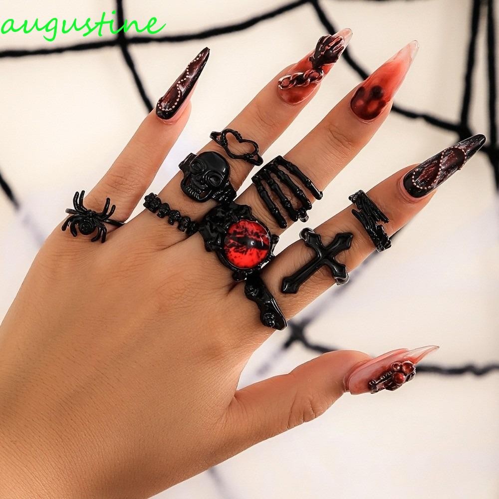 ชุดแหวน Augustine 9 ชิ้น สไตล์ Goth ออกแบบเรขาคณิตแกะสลัก เหมาะกับHip Hop และ Punk