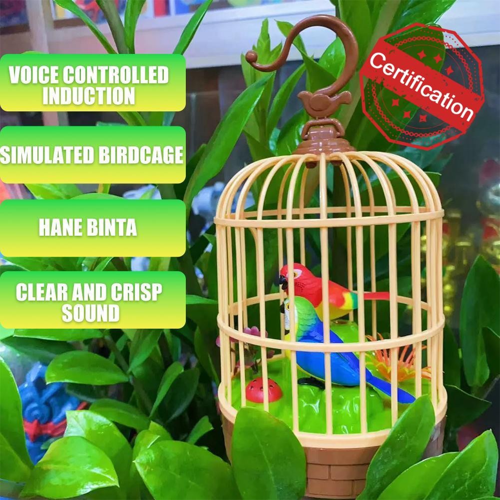 การจําลองของเล่นกรงนกคู่ที่เปิดใช้งานด้วยเสียง - โทร Led Motion, & Plastic Safe Bird 20.7 ซม. H4u3