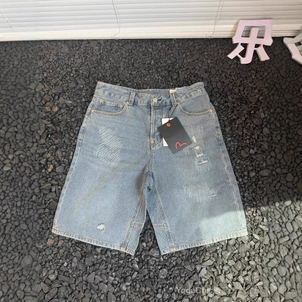 EVISU กางเกงขาสั้นยีนส์ฟูเซินเอวิสุสไตล์ใหม่สำหรับฤดูร้อน สีสเปรย์ ทรงหลวม ลายปักเป้าหล่อ