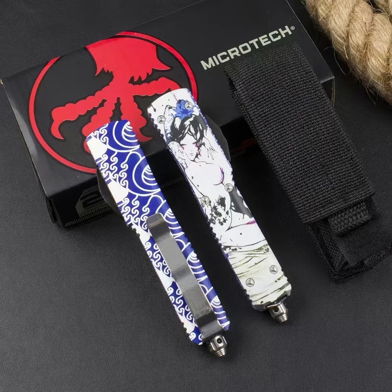 UT 85 Geisha ดามัสกัสใบมีดเหล็ก Micro Tech OTF EDC ป้องกันตัวเอง Pocketknives การบินอลูมิเนียมอัลลอย