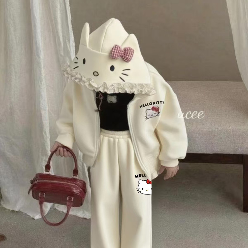 ชุดกันหนาวเด็กผู้หญิงลาย Hello Kitty – เสื้อฮู้ดแขนยาวซิปหน้าและกางเกงขายาวแฟชั่น 2 ชิ้น