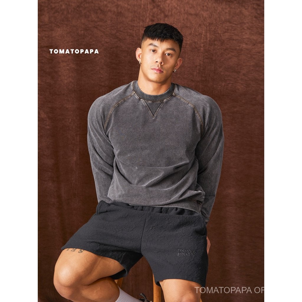 TOMATOPAPA American High Street เสื้อยืดคอกลมผู้ชาย สไตล์เรโทร แขน Raglan ใส่สบาย เหมาะสำหรับ STREET WEAR