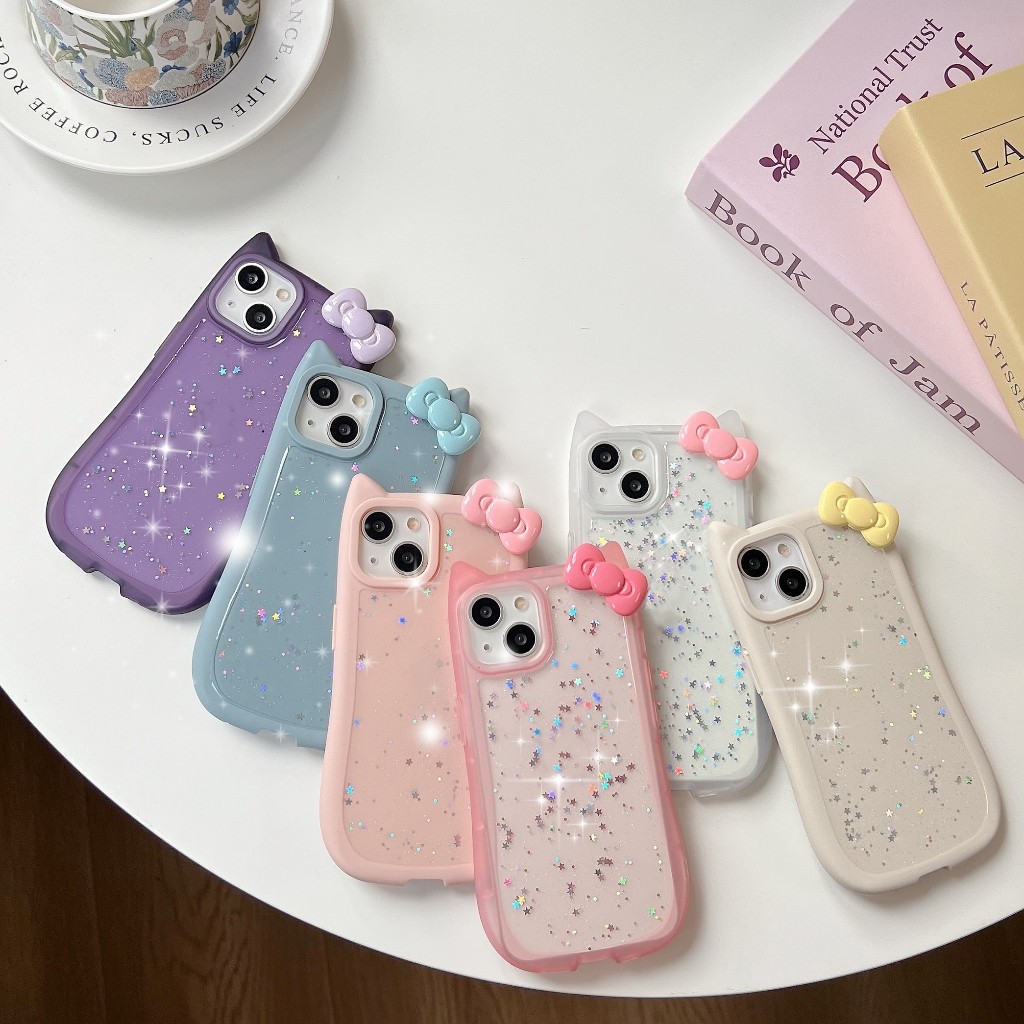 New3D Bow Cat Ears Shape สีสัน Star คริสตัลกาวเคสโทรศัพท์,สําหรับ iPhone 14, 15, 16, 17 Series