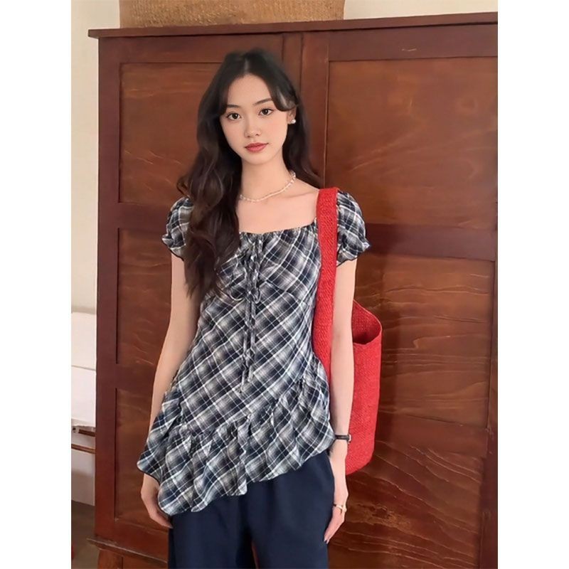 เสื้อย้อมยุคสไตล์ฝรั่งเศสรองลายสก๊อต สไตล์ฤดูร้อน แขนสั้น S-XL