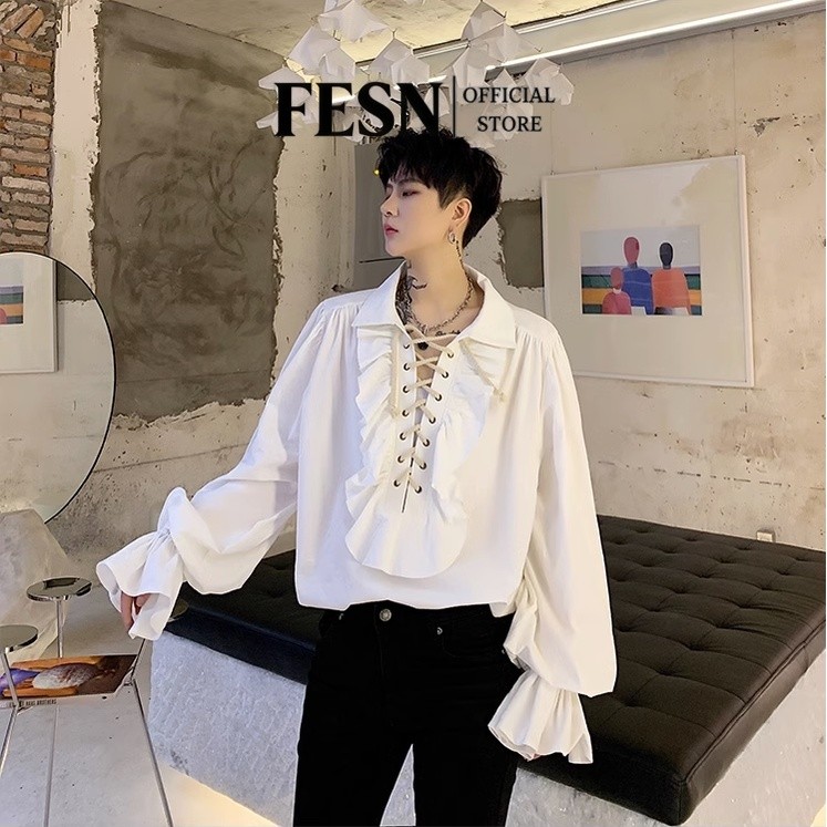 เสื้อเชิ้ตแขนยาว แต่งระบาย มีเชือกผูก สไตล์ยุโรป และอเมริกา สําหรับผู้ชาย และผู้หญิง