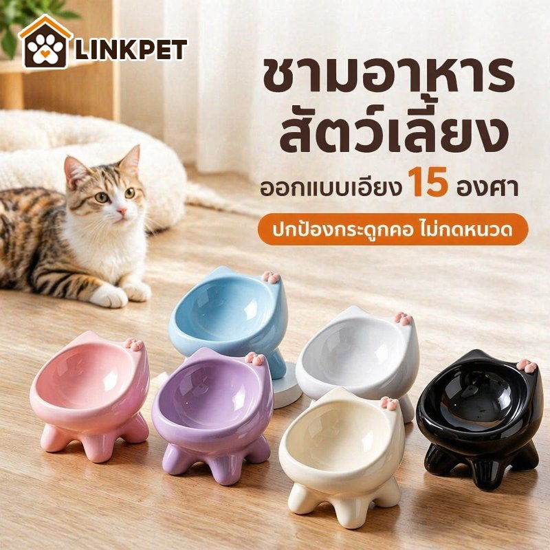 ชามแมว เซรามิก เอียง15องศา กันกดหนวด ป้องกันคางดํา ชามอาหารสัตว์เลี้ยง สุนัข แมว ฐานมั่นคง
