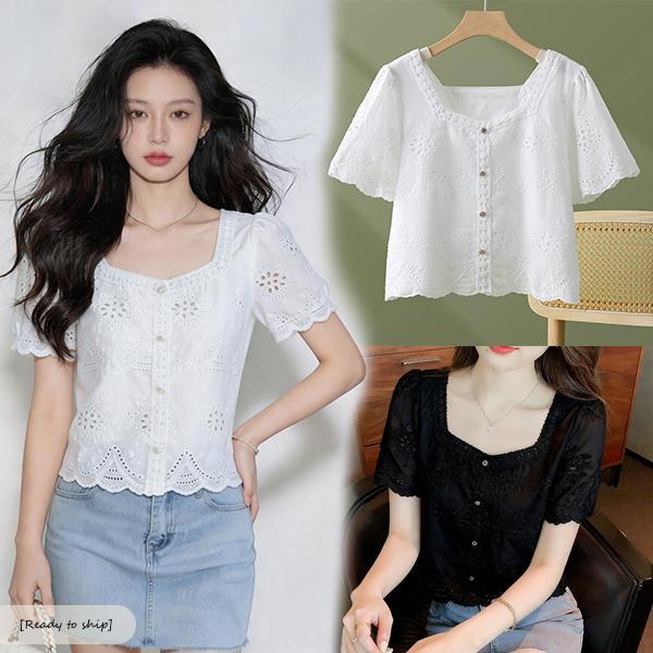 mimi-เสื้อเชิ้ตแขนสั้นผู้หญิงแบบเจาะรู ดีไซน์แฟชั่นฤดูร้อน สีขาวหวานๆ ดูดีและช่วยให้ดูผอมเพรียว#99291