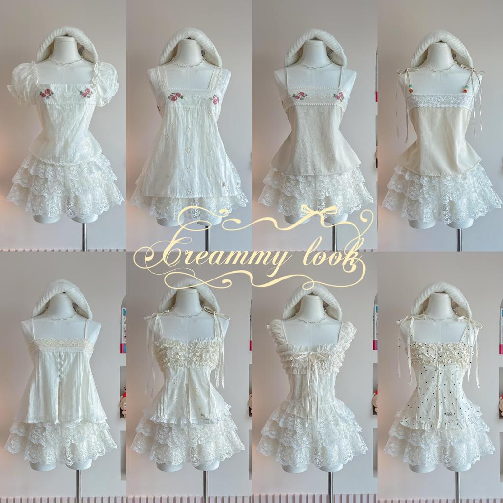 Creamy look เสื้อดีเทลน่ารักโทนสีครีม แมทกางเกง (มีขายแยก)