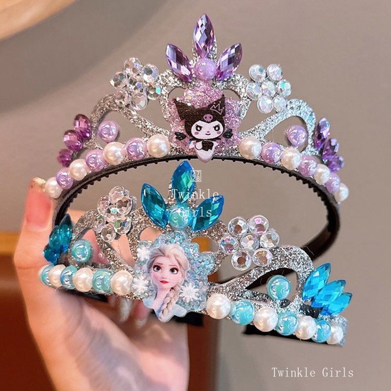 เด็ก Sanrio Kuromi Elsa Frozen Crown แถบคาดศีรษะน่ารัก My Melody อุปกรณ์เสริมผมสําหรับสาวเจ้าหญิง Tiara กิ๊บติดผม Back to School Birthday Party ของขวัญ