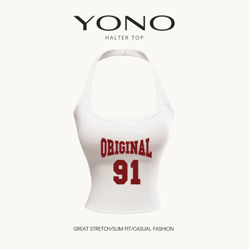 (พร้อมส่ง24ชม.) halter top เสื้อคล้องคอสีขาว ลายตัวอักษรเลข 91 สไตล์อเมริกันคอลเลจ ทรงเข้ารูป ใส่เท่