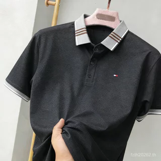 ผู้ชายเสื้อโปโลแขนสั้นลายสก๊อตปกสไตล์ธุรกิจเหมาะสําหรับใส่ทํางานผ้านุ่มระบายอากาศไม่ยับง่ายหลาย @-