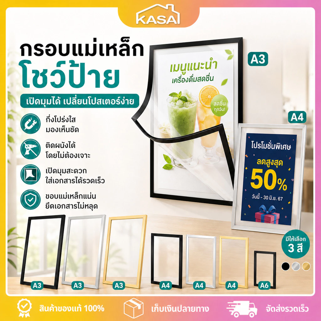 ป้ายติดผนัง กรอบป้ายติดผนัง ขอบแม่เหล็ก A3 A4 A6 กรอบโชว์ป้ายประกาศ ซองใส่เอกสาร มีกาวในตัว ไม่ต้องเจาะ ติดง่าย