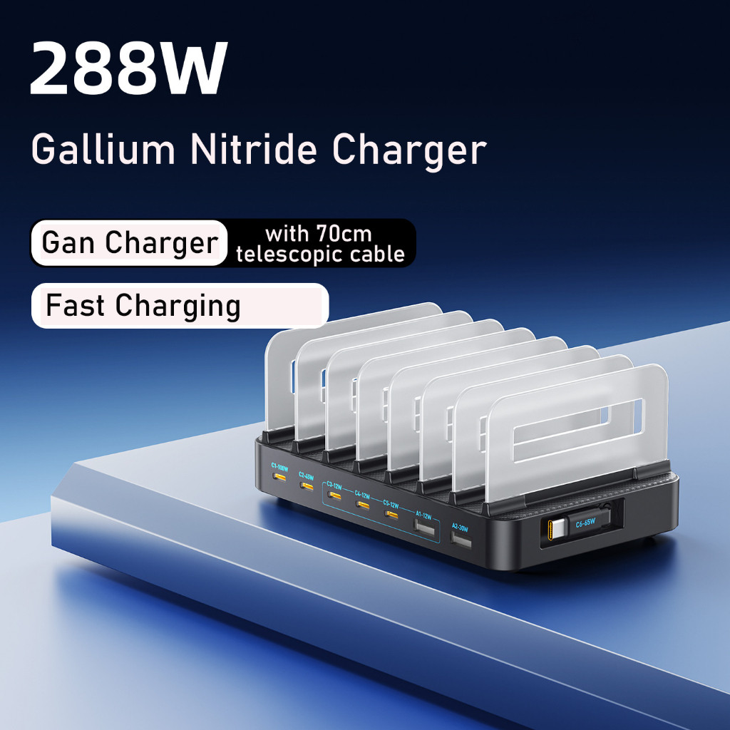 288W USB C Charger Station พร้อมผู้ถือ 8 พอร์ต GaN Charger Station PD 100W Fast Charging Wall Charge