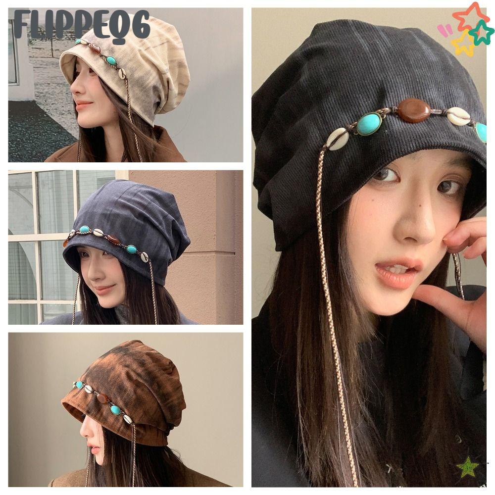 FLIPPEQ6 หมวกถุง,สไตล์โบฮีเมียนประดับด้วยลูกปัดซ้อนหมวก,อเนกประสงค์เส้นรอบวงศีรษะขนาดใหญ่ให้ความอบอุ่นหมวกบีนนี่โพลีเอสเตอร์สําหรับผู้หญิงแ