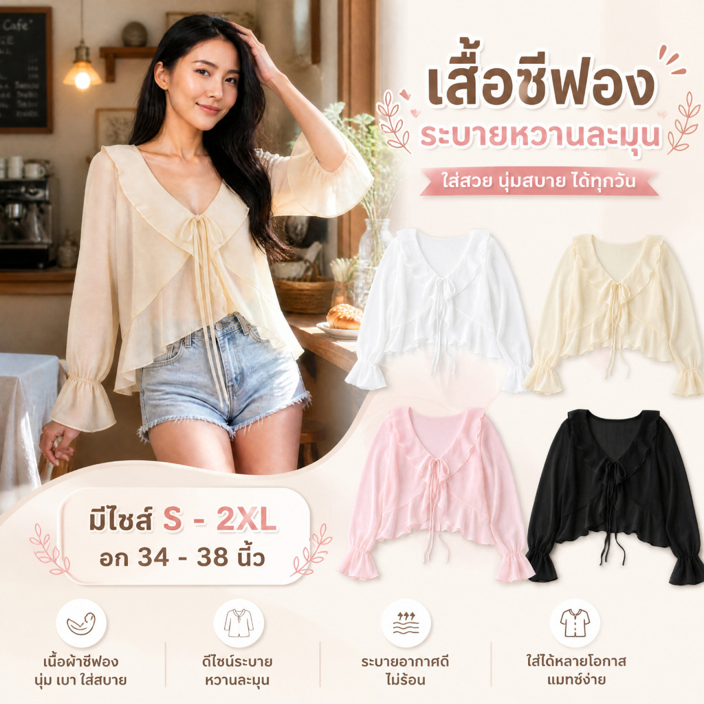 เสื้อเบลาส์ครอปชีฟองคอวีระบาย ดีไซน์ผูกโบว์หน้าสุดลักชู ปลายแขนบานกระดิ่ง ลุคคุณหนูไฮโซ
