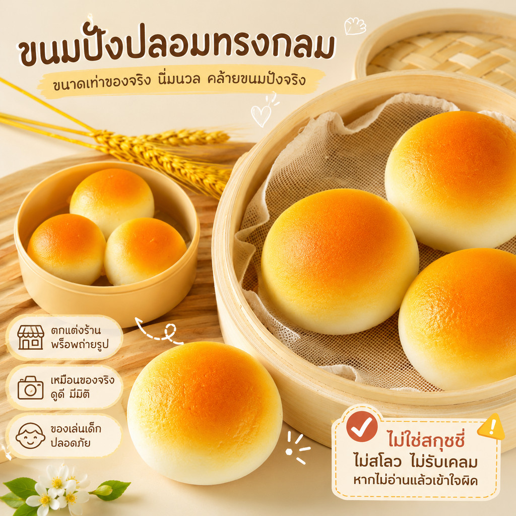 ขนมปังทรงกลม บันกลม ขนมปังปลอม นิ่ม คล้ายสกุชชี่ มีกลิ่นหอมคล้ายขนม ตกแต่งร้าน พร็อพถ่ายรูป ของเล่นเด็ก