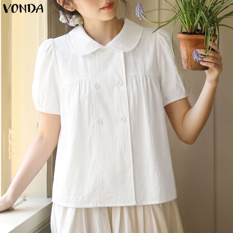 VONDA ผู้หญิงสาวเกาหลีสไตล์สาวคอตุ๊กตาพัฟแขน Double-Breasted หลวมธรรมดา A-Line เสื้อ — صورة 6