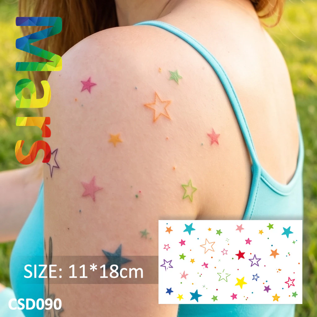 Mars Tattoo"Colorful Stars Party" รอยสักชั่วคราว, Y2K Rainbow Star รอยสักปลอม, กันน้ํา, ลุครอยสักแท้, Body Art, สีสัน, ง่ายต่อการทาและลบ CSD090