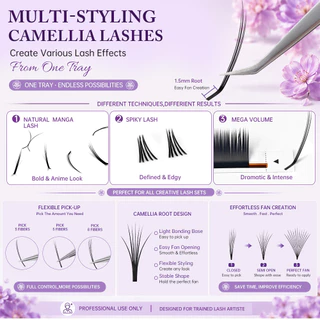 Yelix Premium Camellia Lash Extensions LJ/LB/LC/UJ/UB/UC Curl Wispy Volume Manga Eyelashes Matte สีดําขนตาส่วนบุคคล